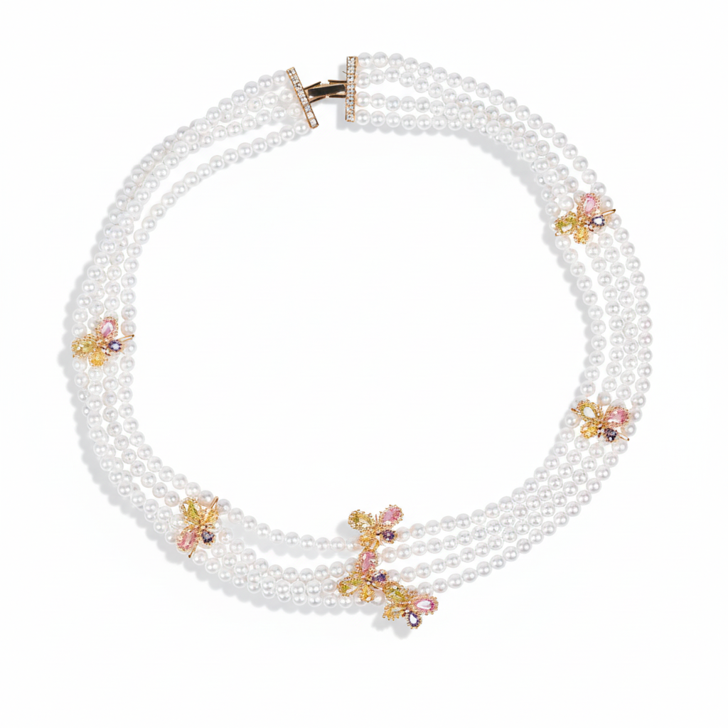 Triple-Layer Pearl Necklace with 14K Gold-Tone Copper Butterfly Charms & Multicolor CZ Accents