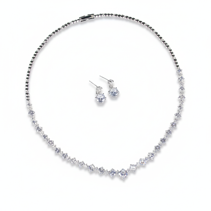 Elegant Rhodium-Plated Copper CZ Necklace & Earring Set with Floral Chain Links and Micro-Pave Detailing