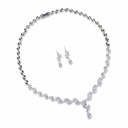 Elegant Rhodium-Plated Copper CZ Necklace & Earring Set with Teardrop Pendant and Floral Chain Detailing