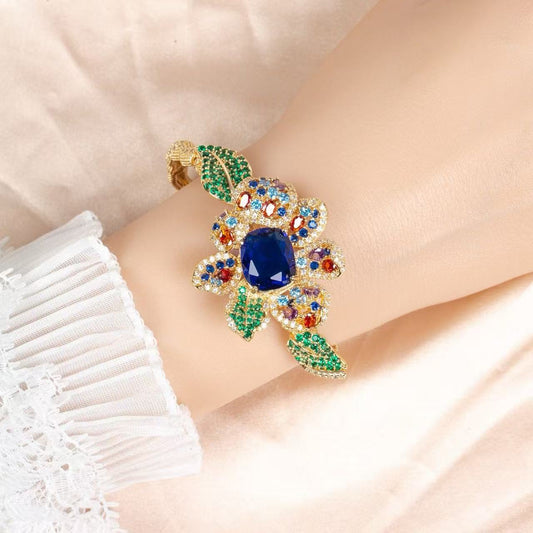 Vibrant Floral Zircon & Copper Bracelet with Multi-Gem Blossom and Leaf Motifs for Bohemian Style & Festive Occasion Wear
