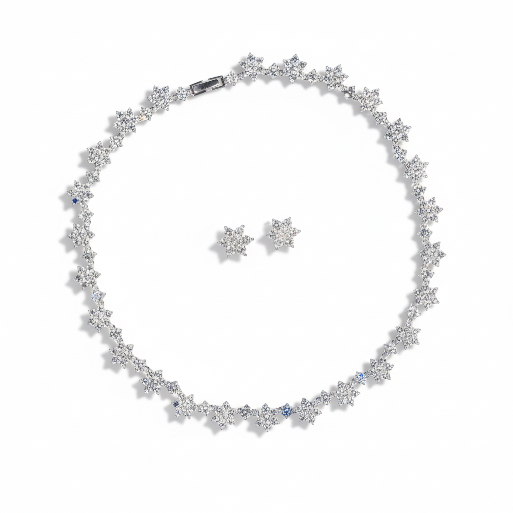 Elegant Rhodium-Plated Copper Floral Jewelry Set with Cubic Zirconia Blooms and Sapphire Accents