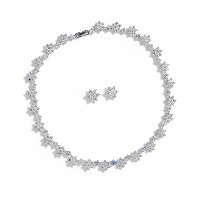 Elegant Rhodium-Plated Copper Floral Jewelry Set with Cubic Zirconia Blooms and Sapphire Accents