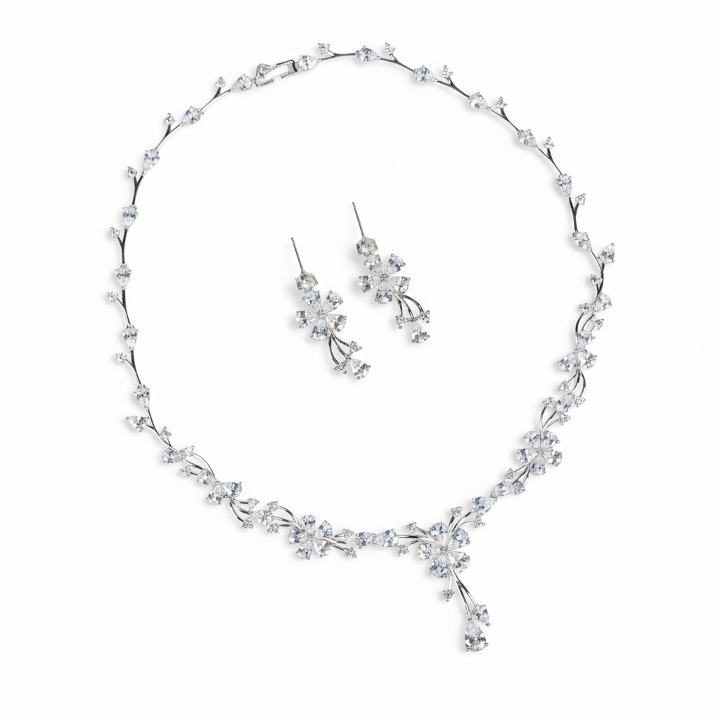 Elegant Rhodium-Plated Copper CZ Floral Jewelry Set with Micro-Pave Blossoms and Scrollwork Detailing