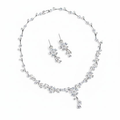 Elegant Rhodium-Plated Copper CZ Floral Jewelry Set with Micro-Pave Blossoms and Scrollwork Detailing