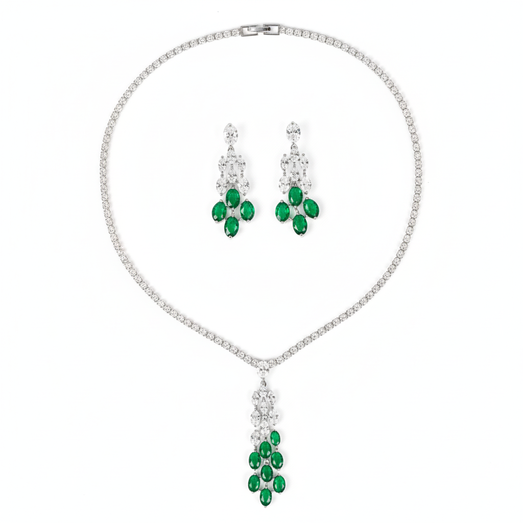Elegant Rhodium-Plated Copper & CZ Floral Jewelry Set with Emerald Green Gemstone Blooms