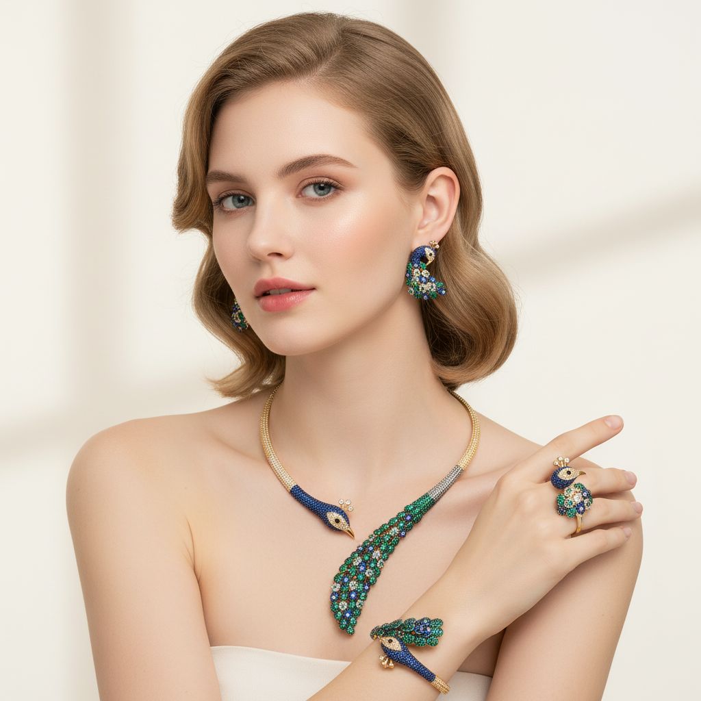 Statement Peacock Jewelry Set in 14K Gold Plated with Blue-Green Zirconia
