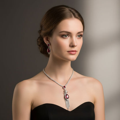 Elegant White Gold-Plated Copper Zircon Set with Red Gemstone Pendant and Crystal Fringe Detailing