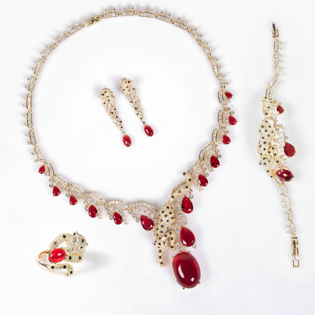 Vintage Elegance: 14K Gold Plated Statement Jewelry Set with Zirconia & Simulated Ruby