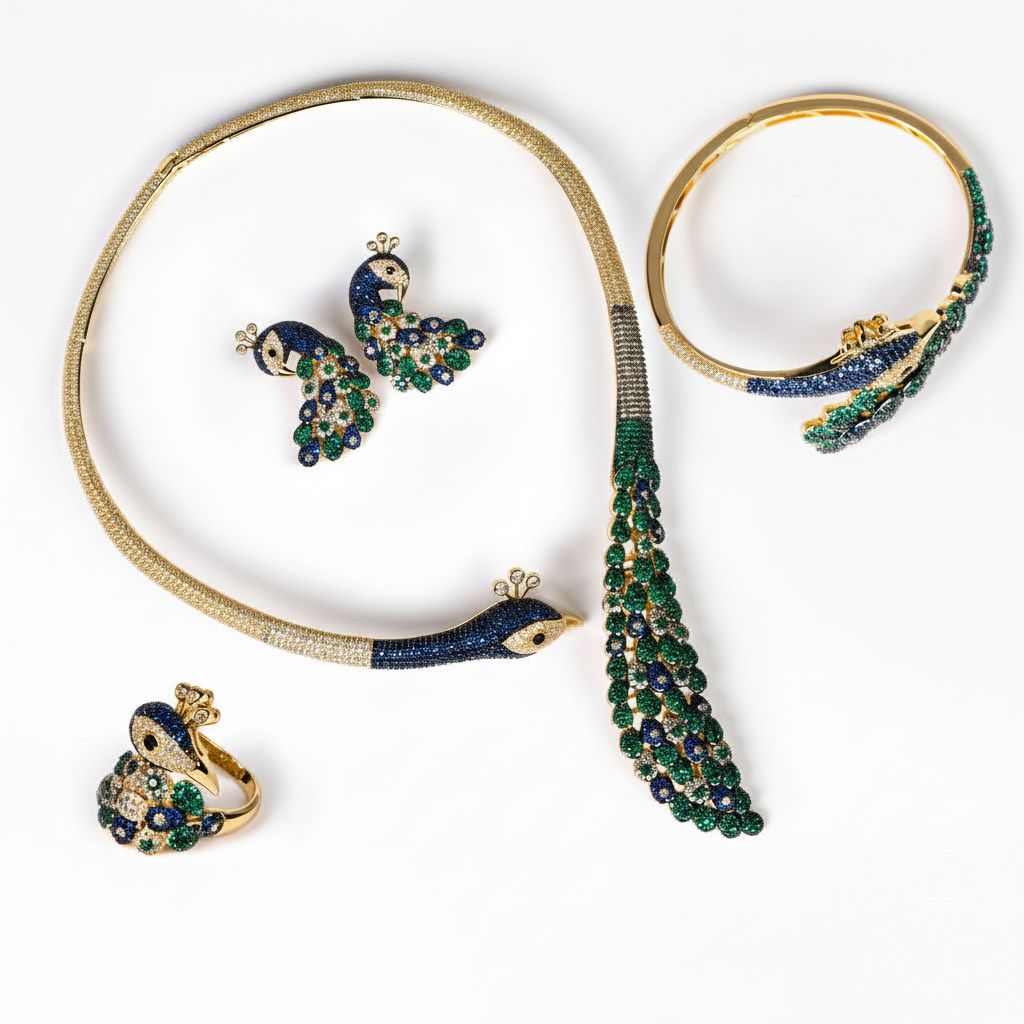 Statement Peacock Jewelry Set in 14K Gold Plated with Blue-Green Zirconia