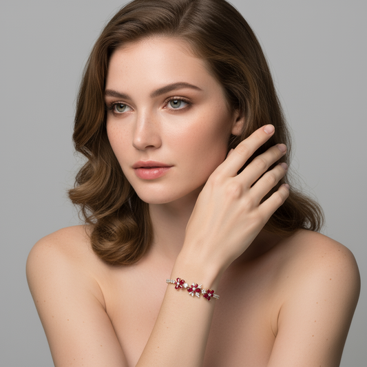 Floral Elegance: Copper Zircon Bracelet with Red Blossom & Crystal Halo Accents for Romantic Occasions & Daily Elegant Wear