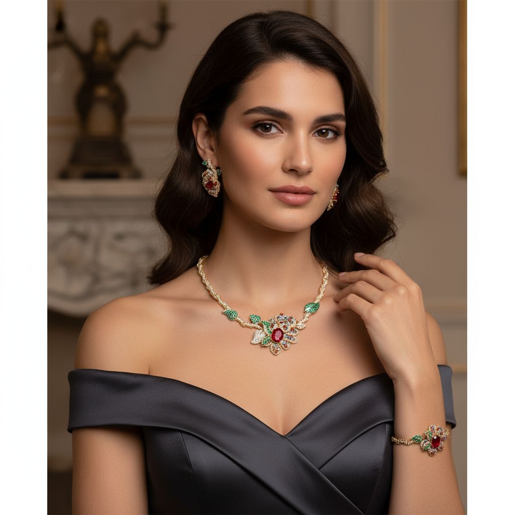 14K Gold Plated Copper Zirconia Floral Jewelry Set - Vintage Style Necklace, Earrings & Ring