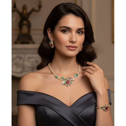 14K Gold Plated Copper Zirconia Floral Jewelry Set - Vintage Style Necklace, Earrings & Ring