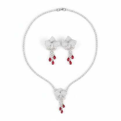 Elegant Rhodium-Plated Copper Floral Jewelry Set with Red Gemstone Accents and Micro-Pave Detailing