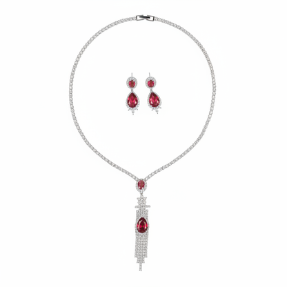 Elegant White Gold-Plated Copper Zircon Set with Red Gemstone Pendant and Crystal Fringe Detailing