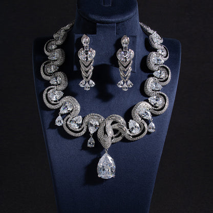 Vintage Style Rhodium Plated Zirconia & Red Crystal Jewelry Set Necklace and Earrings Jewelry Sets