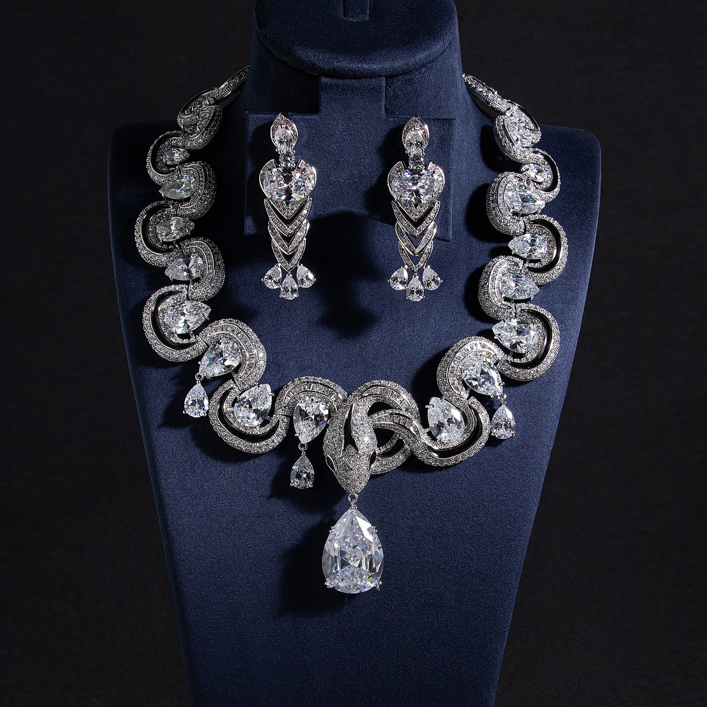 Vintage Style Rhodium Plated Zirconia & Red Crystal Jewelry Set Necklace and Earrings Jewelry Sets