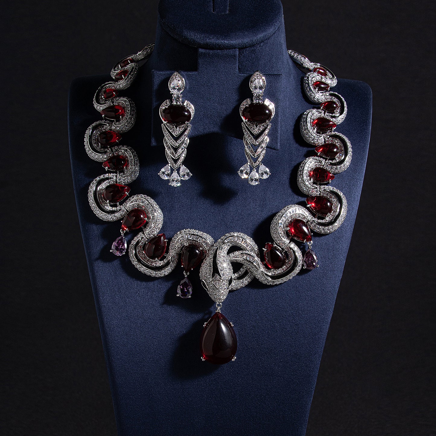 Vintage Style Rhodium Plated Zirconia & Red Crystal Jewelry Set Necklace and Earrings Jewelry Sets