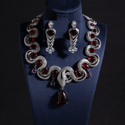 Vintage Style Rhodium Plated Zirconia & Red Crystal Jewelry Set Necklace and Earrings Jewelry Sets