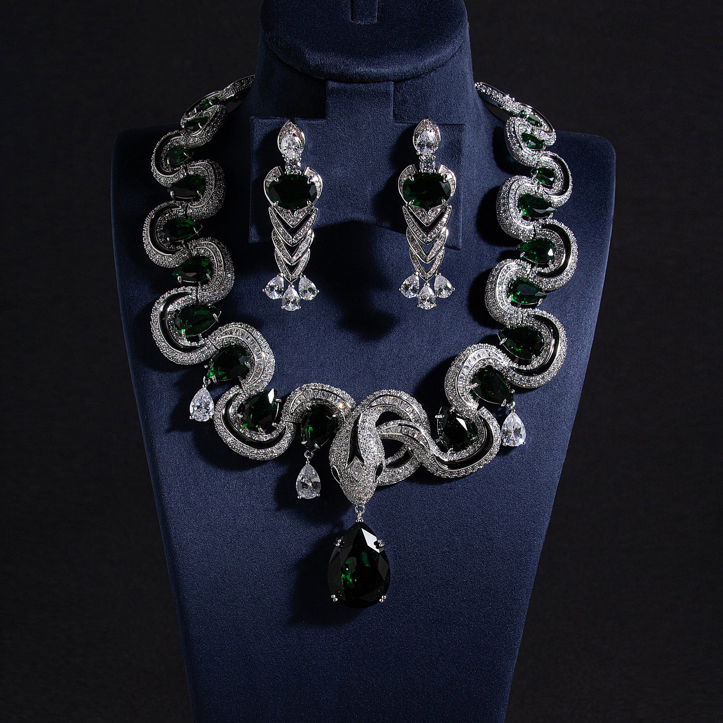 Vintage Style Rhodium Plated Zirconia & Red Crystal Jewelry Set Necklace and Earrings Jewelry Sets