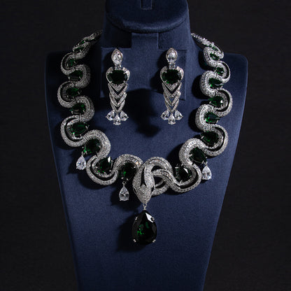 Vintage Style Rhodium Plated Zirconia & Red Crystal Jewelry Set Necklace and Earrings Jewelry Sets