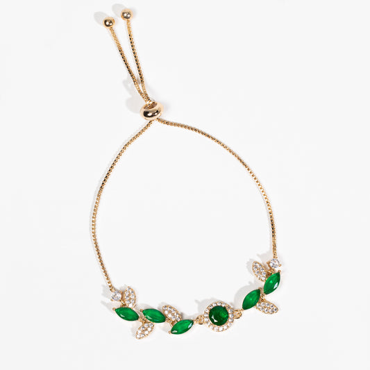 Nature-Inspired Leaf & Berry Copper Bracelet with Green/White Zircon Accents & Adjustable Chain