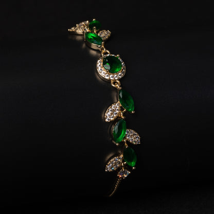Nature-Inspired Leaf & Berry Copper Bracelet with Green/White Zircon Adjustable Chain Gold Jewelries For Women