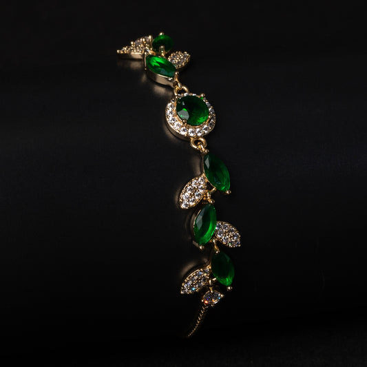 Nature-Inspired Leaf & Berry Copper Bracelet with Green/White Zircon Adjustable Chain Gold Jewelries For Women