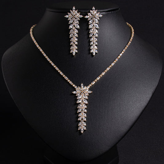 Elegant 14K Gold-Plated Copper & CZ Floral Jewelry Set with Delicate Chain and Matching Earrings