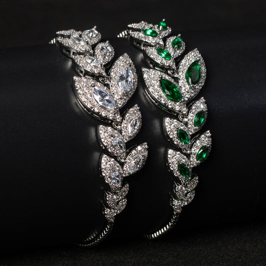 Nature-Inspired Leaf Design Copper Bracelet with Green & White aaa Zircon Diamond Adjustable Chain Bracelets For Women Wholesale