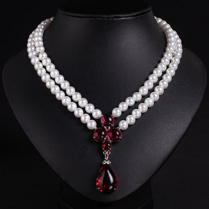 Double-Strand Pearl Necklace with Multicolor Gemstones & Copper CZ Pendant