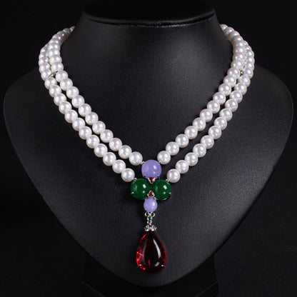 Double-Strand Pearl Necklace with Multicolor Gemstones & Copper CZ Pendant