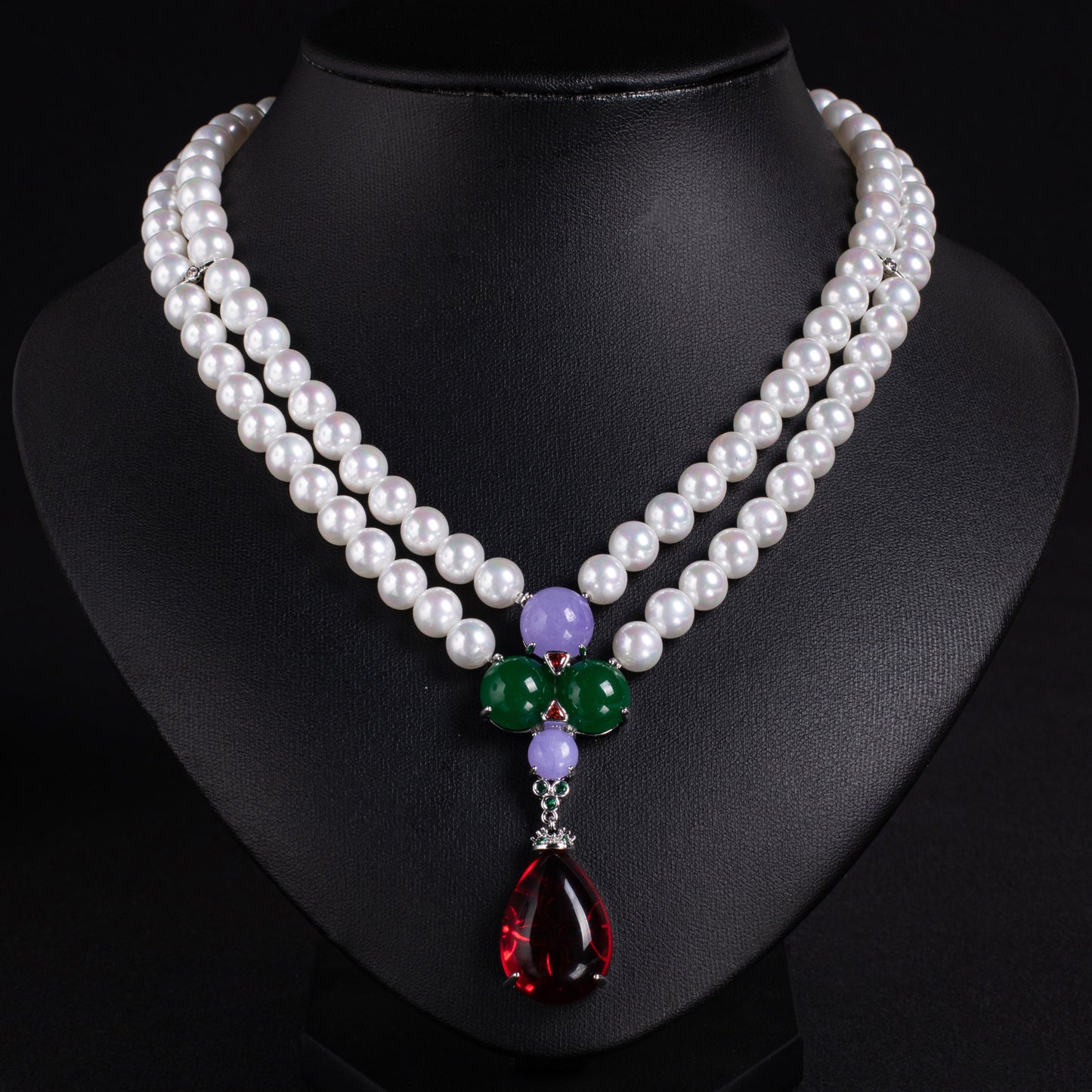Double-Strand Pearl Necklace with Multicolor Gemstones & Copper CZ Pendant