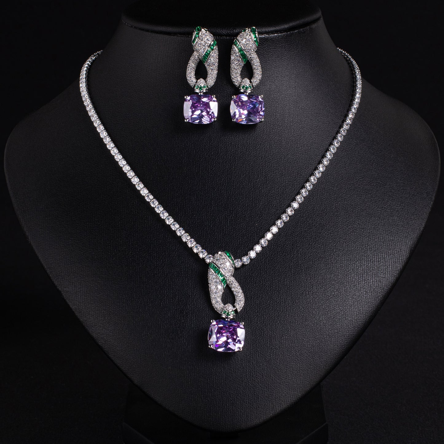 Elegant Rhodium-Plated Copper & CZ Jewelry Set with Amethyst and Emerald Accents