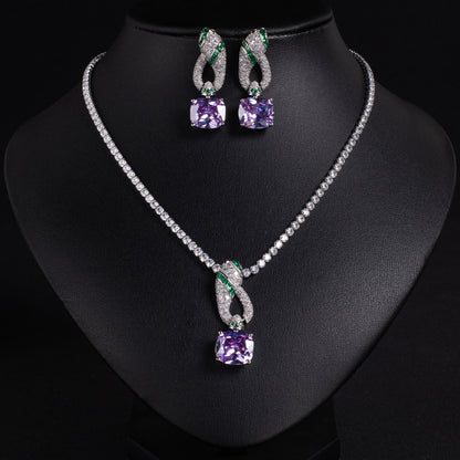 Elegant Rhodium-Plated Copper & CZ Jewelry Set with Amethyst and Emerald Accents