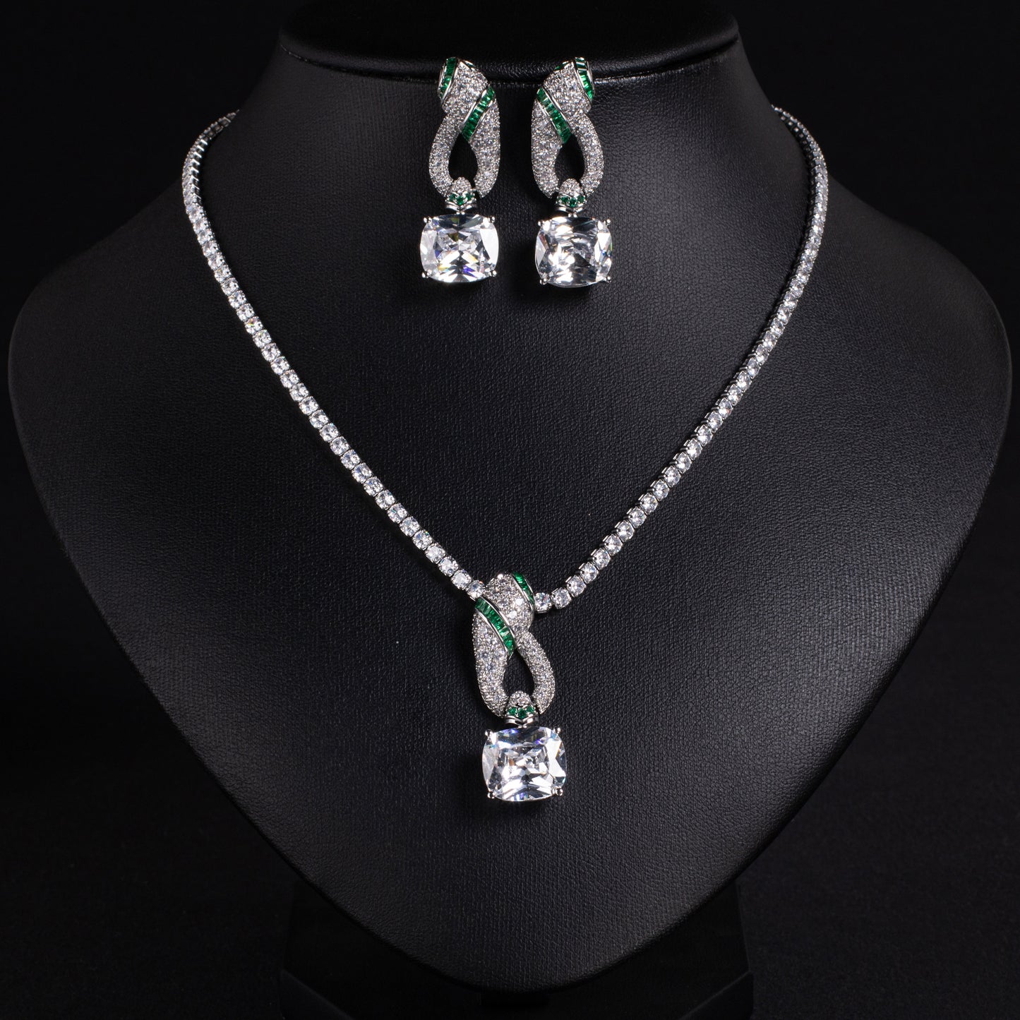 Elegant Rhodium-Plated Copper & CZ Jewelry Set with Amethyst and Emerald Accents