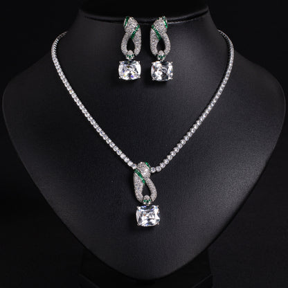 Elegant Rhodium-Plated Copper & CZ Jewelry Set with Amethyst and Emerald Accents