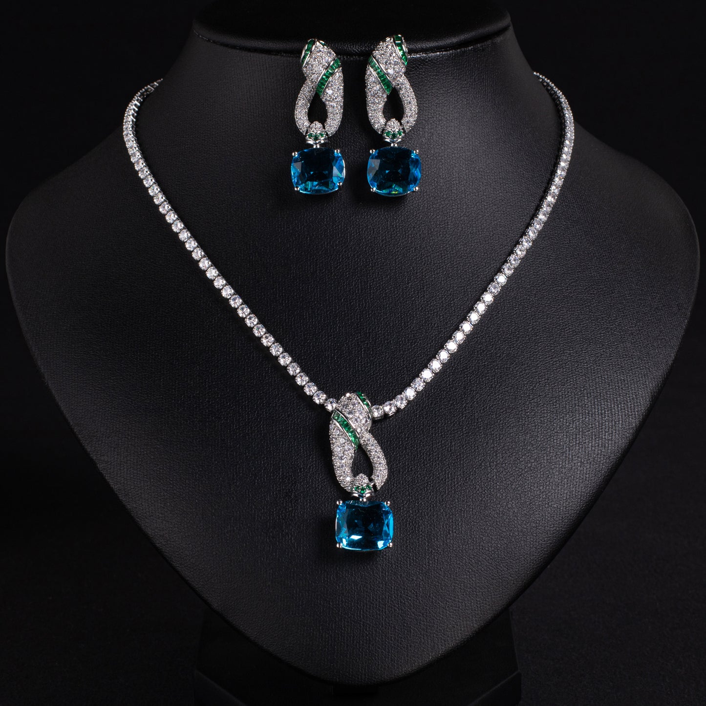 Elegant Rhodium-Plated Copper & CZ Jewelry Set with Amethyst and Emerald Accents