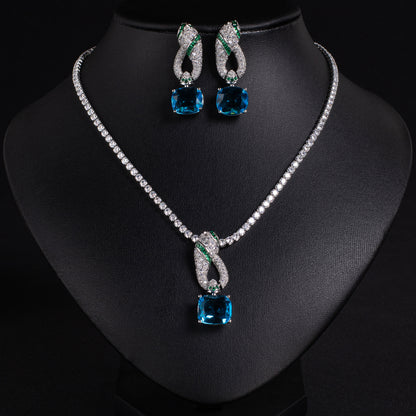 Elegant Rhodium-Plated Copper & CZ Jewelry Set with Amethyst and Emerald Accents