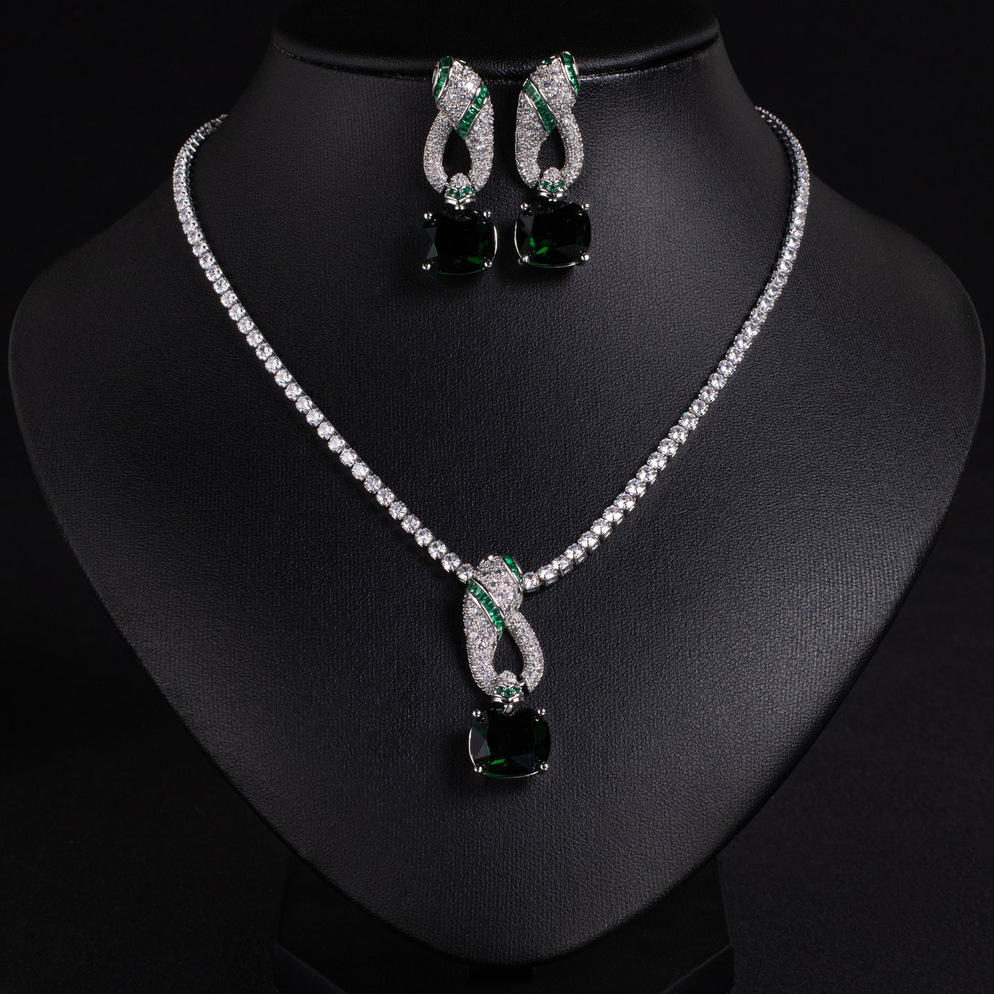 Elegant Rhodium-Plated Copper & CZ Jewelry Set with Amethyst and Emerald Accents