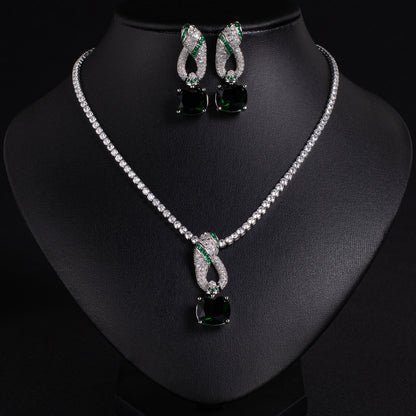 Elegant Rhodium-Plated Copper & CZ Jewelry Set with Amethyst and Emerald Accents
