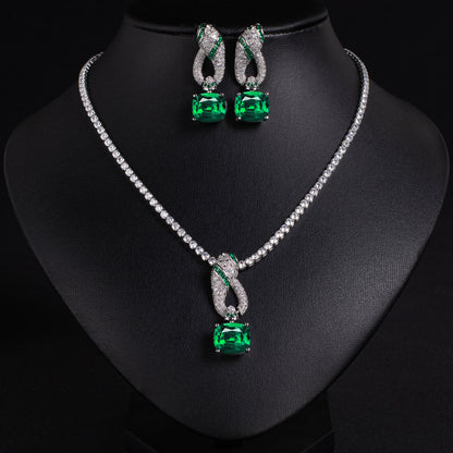 Elegant Rhodium-Plated Copper & CZ Jewelry Set with Amethyst and Emerald Accents