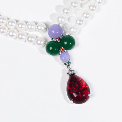 Double-Strand Pearl Necklace with Multicolor Gemstones & Copper CZ Pendant