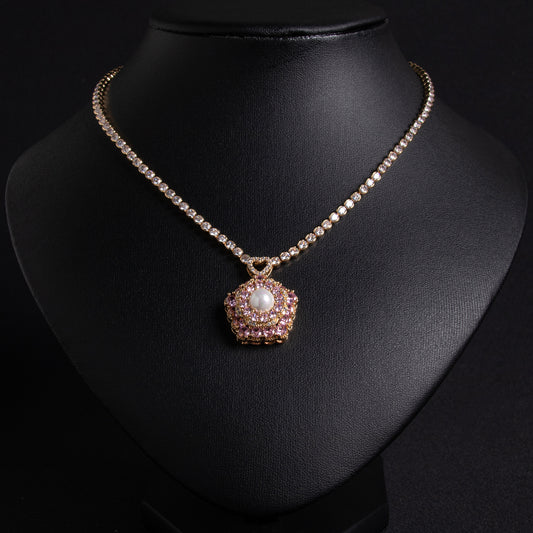 Floral Copper Zircon Statement Necklace with Pink Gem Accents Pearl Charm Pendant Necklace