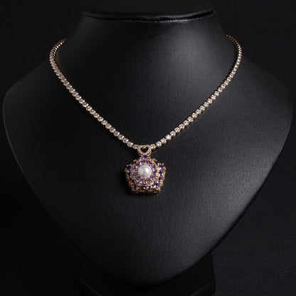 Floral Copper Zircon Statement Necklace with Pink Gem Accents Pearl Charm Pendant Necklace