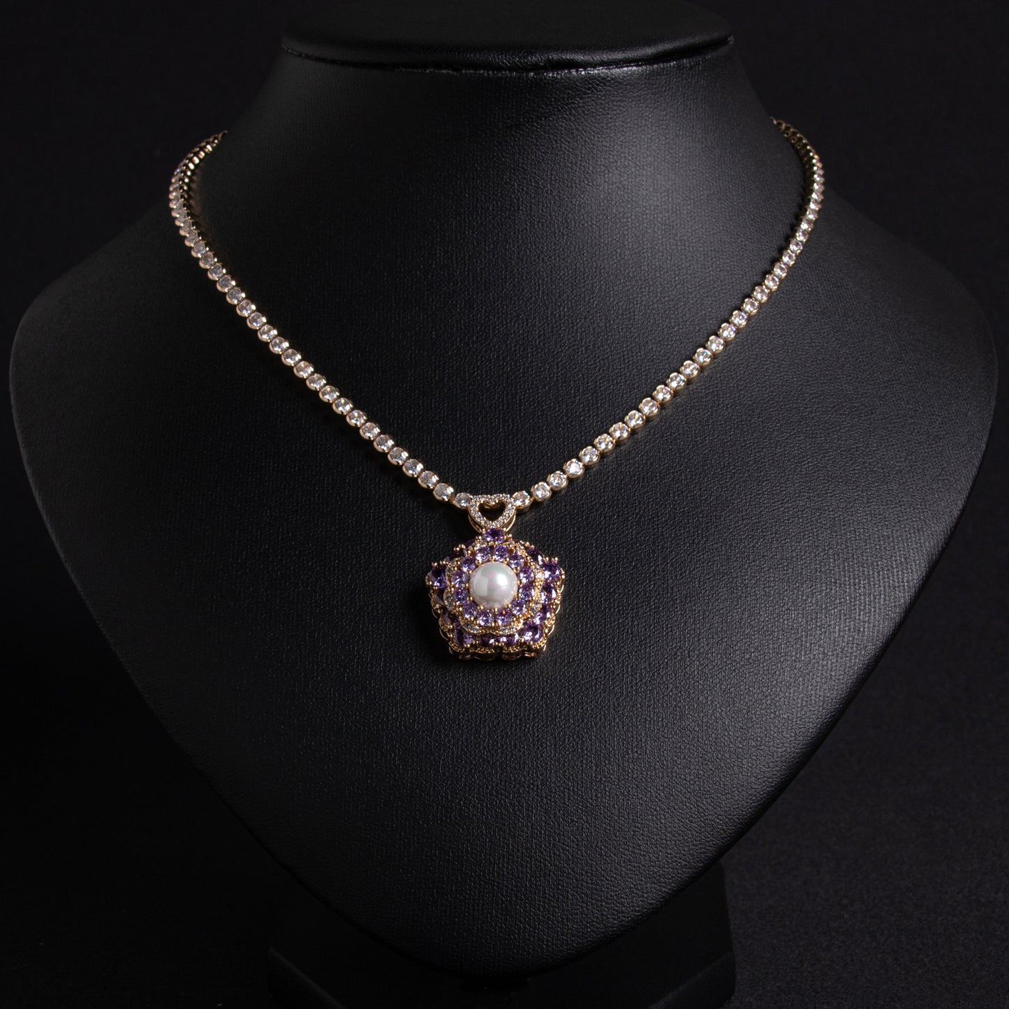Floral Copper Zircon Statement Necklace with Pink Gem Accents Pearl Charm Pendant Necklace