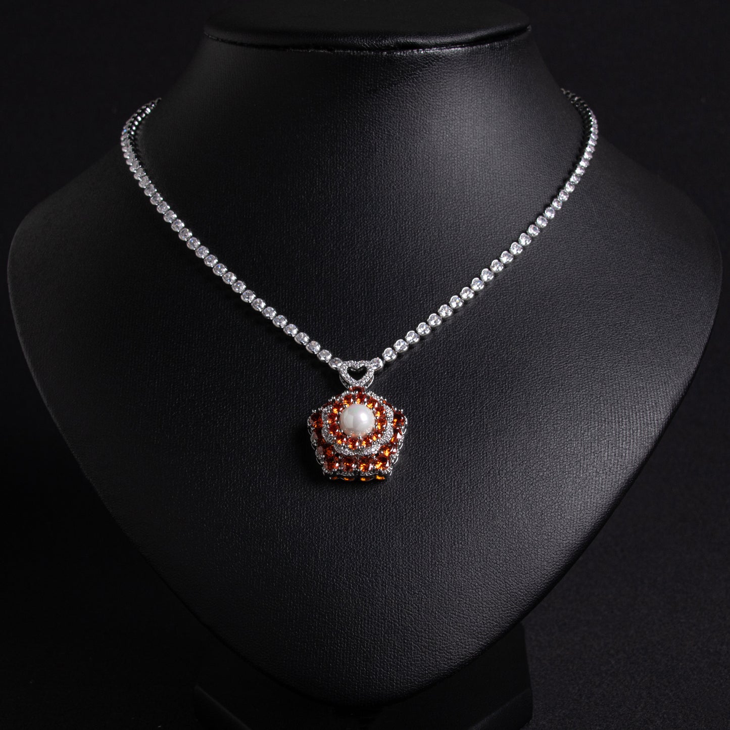 Floral Copper Zircon Statement Necklace with Pink Gem Accents Pearl Charm Pendant Necklace