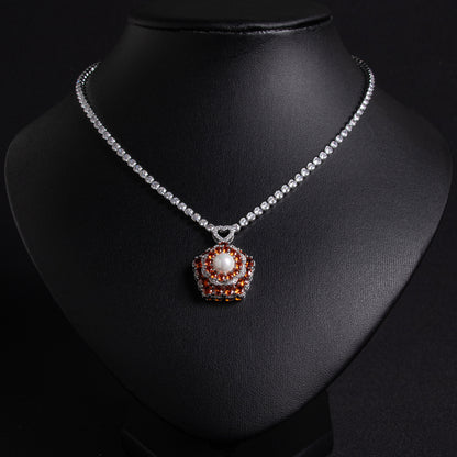 Floral Copper Zircon Statement Necklace with Pink Gem Accents Pearl Charm Pendant Necklace