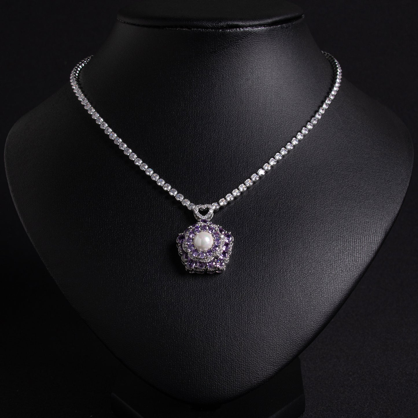 Floral Copper Zircon Statement Necklace with Pink Gem Accents Pearl Charm Pendant Necklace
