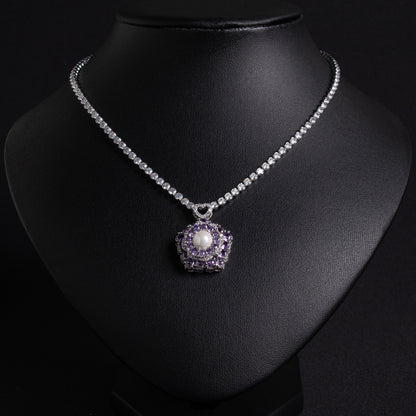 Floral Copper Zircon Statement Necklace with Pink Gem Accents Pearl Charm Pendant Necklace