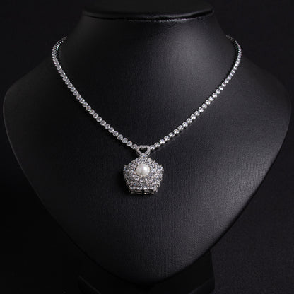Floral Copper Zircon Statement Necklace with Pink Gem Accents Pearl Charm Pendant Necklace